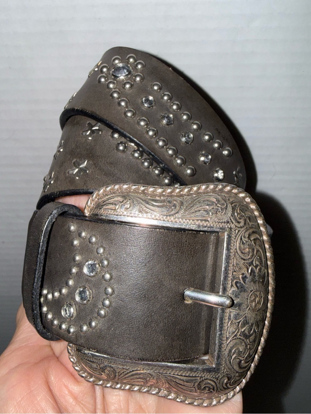 Fossil Genuine Brown Leather Belt Stars Crescent Moon Studded Rhinestones Sz S